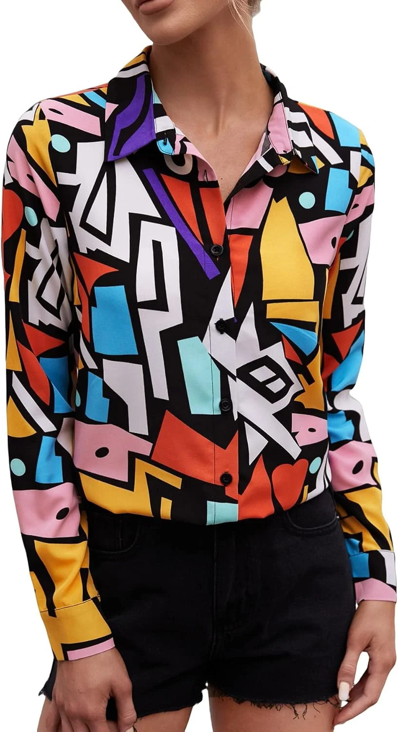بلوز زنانه وردوسا با طرح رنگی دهه 80، آستین بلند و دکمه دار
