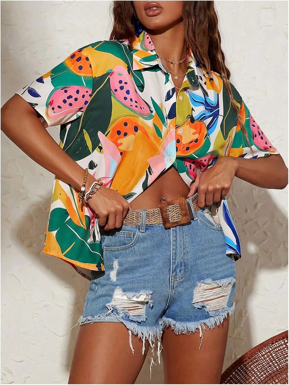 پیراهن زنانه وردوسا طرح بوهو گرمسیری دکمه دار آستین کوتاه یقه دار