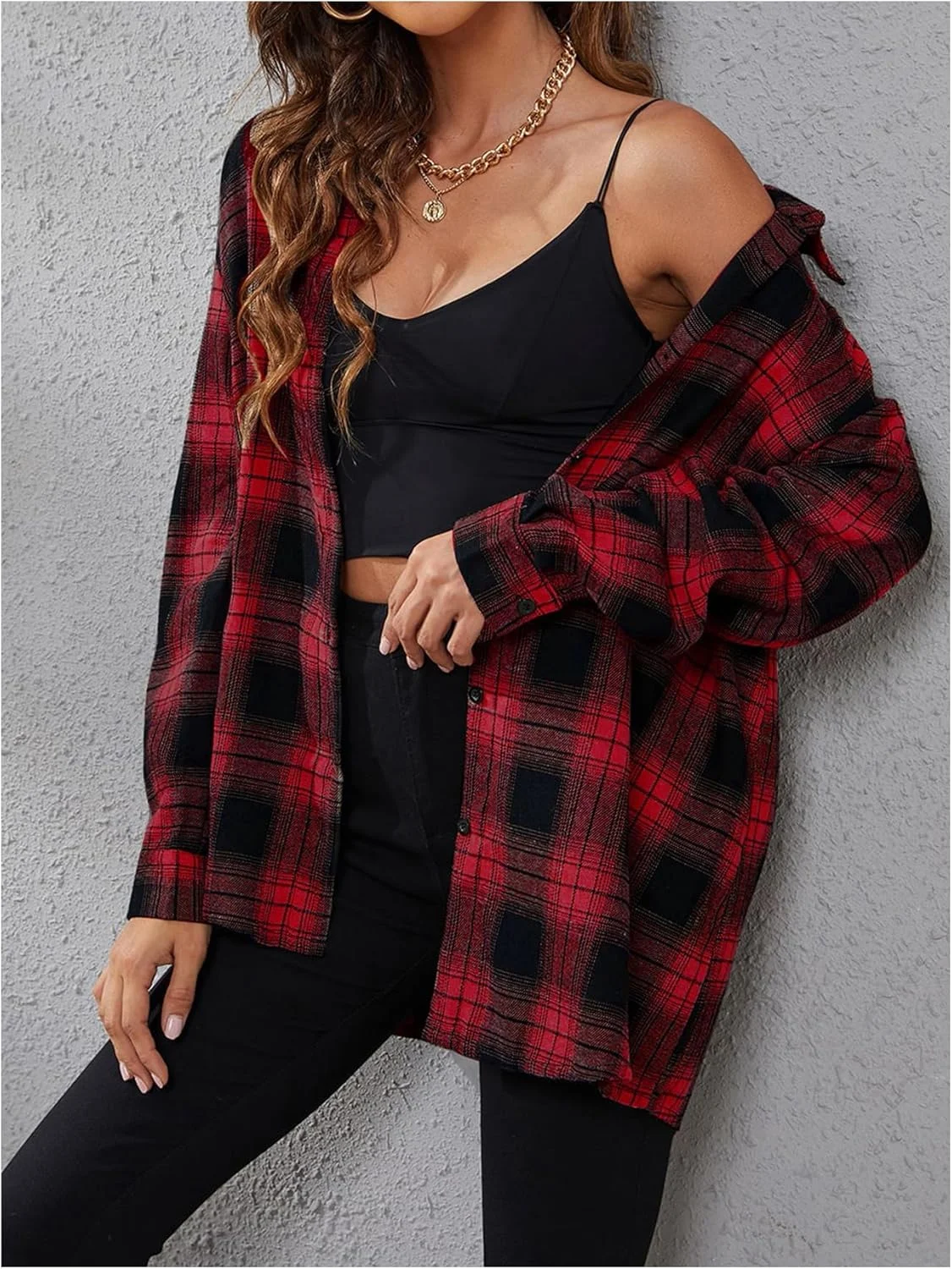 بلوز زنانه Verdusa طرح تارتان چهارخانه دکمه دار آستین بلند سرشانه افتاده گشاد غیر رسمی