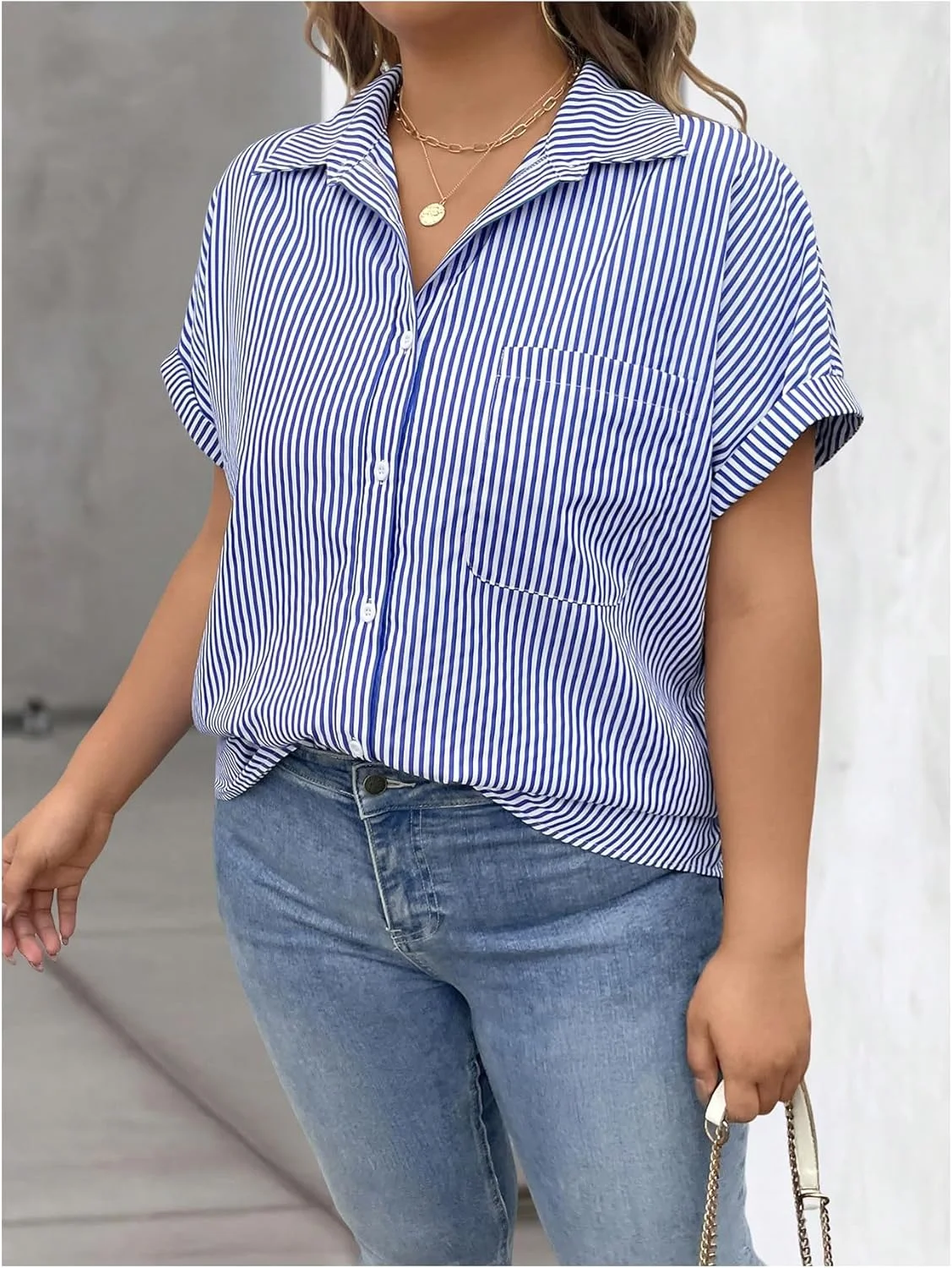 Verdusa بلوز زنانه سایز بزرگ راه راه دکمه دار پیراهن یقه دار تونیک با جیب