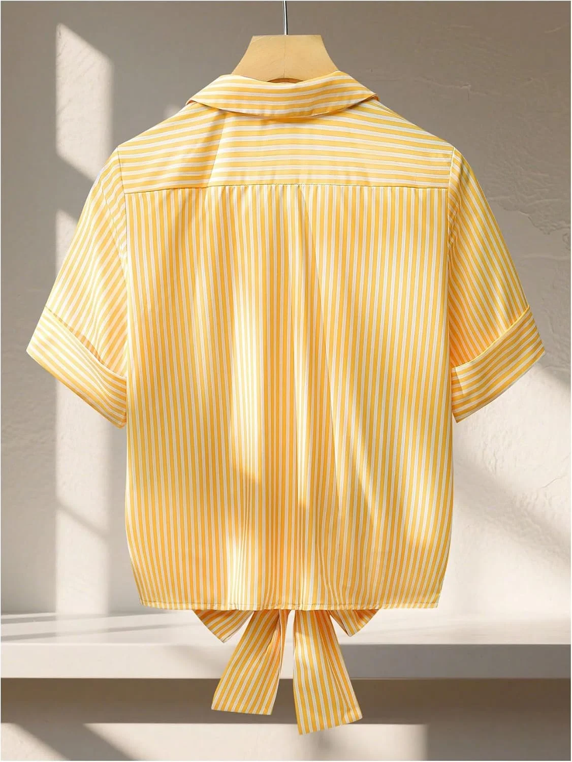 بلوز زنانه راه راه دکمه دار آستین کوتاه گره ای تابستانی یقه دار Verdusa