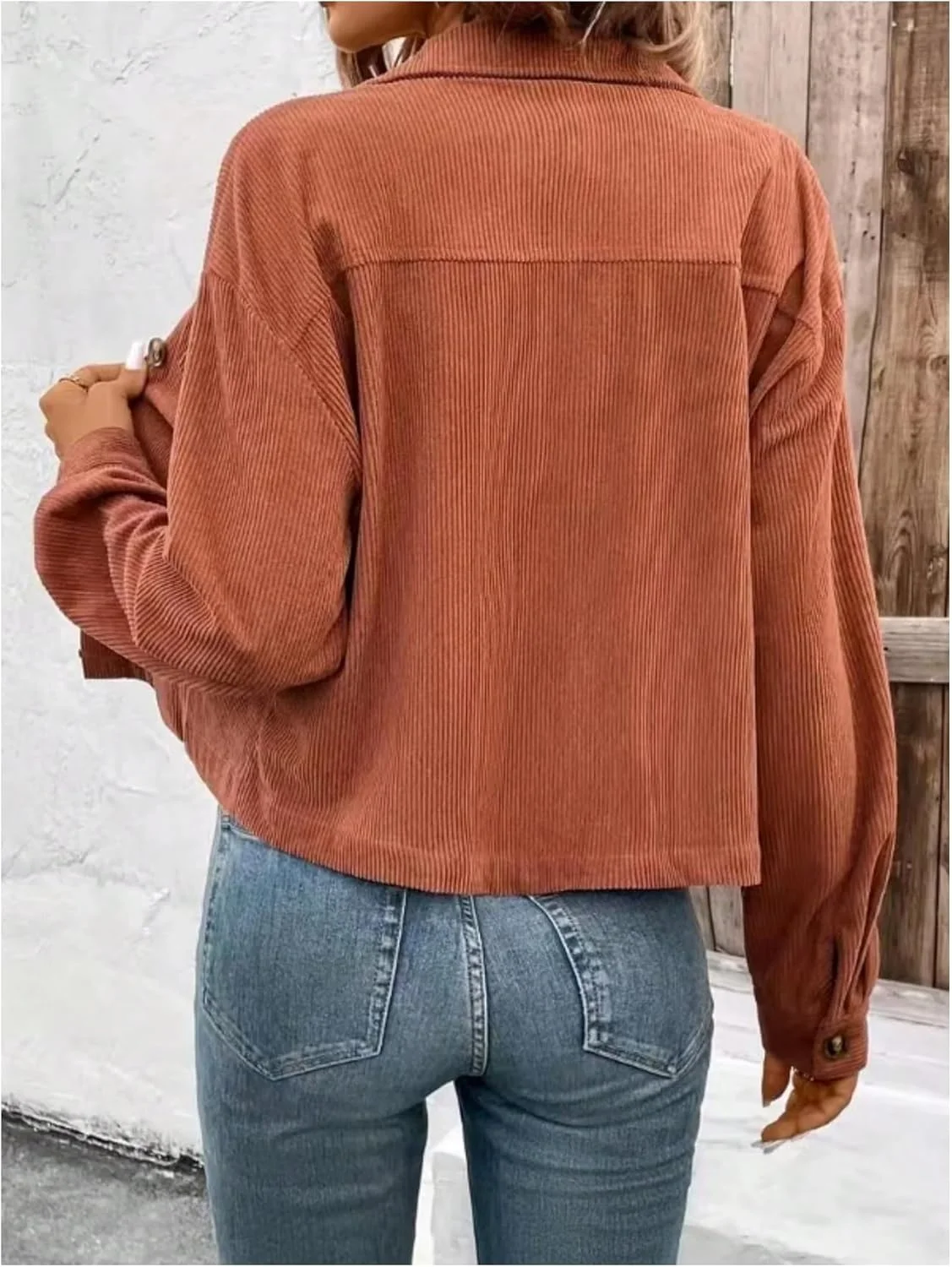 بلوز زنانه دکمه دار وردوسا آستین بلند سرشانه افتاده پیراهن های مخمل کبریتی غیر رسمی