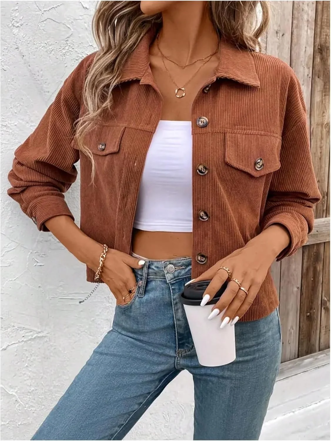 بلوز زنانه دکمه دار وردوسا آستین بلند سرشانه افتاده پیراهن های مخمل کبریتی غیر رسمی