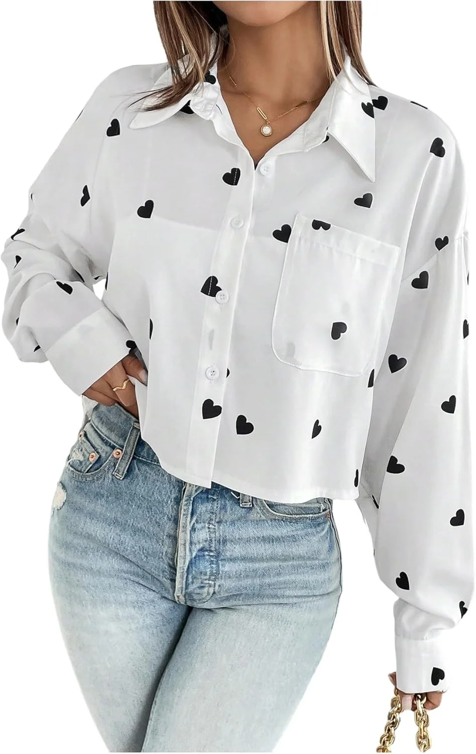 پیراهن زنانه Verdusa با طرح قلب، دکمه‌دار، آستین بلند، یقه دار و دارای جیب