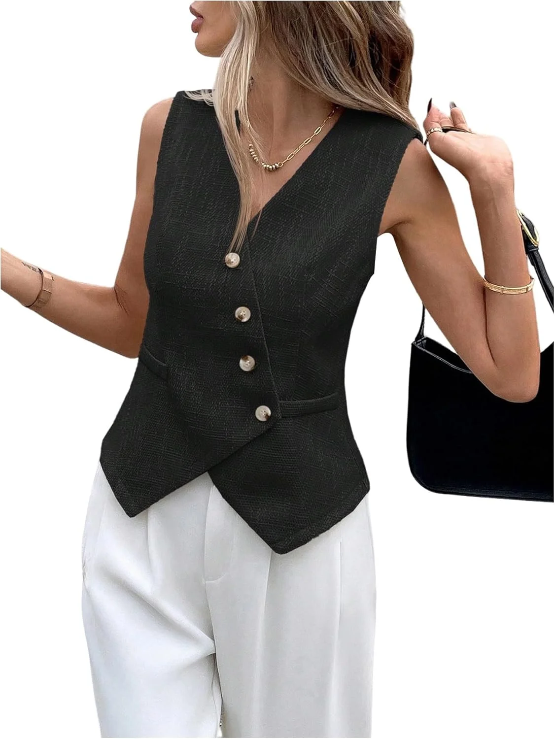 Verdusa بلوز زنانه دکمه دار بدون آستین، یقه هفت، مناسب کار و استایل رسمی