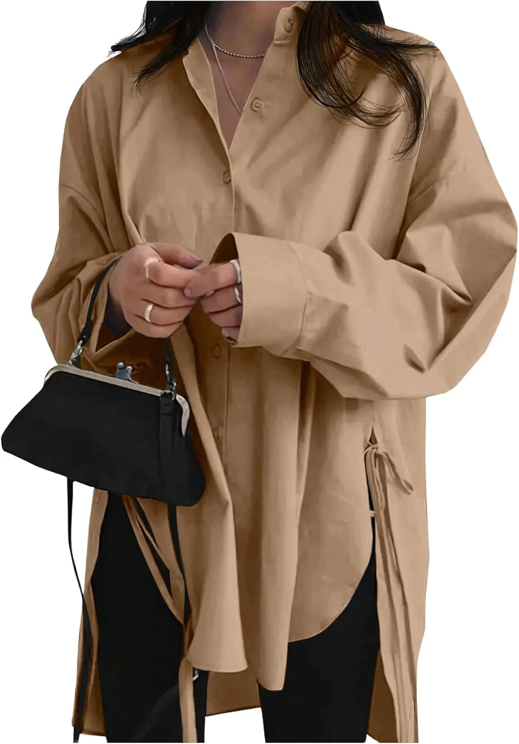 Verdusa بلوز زنانه دکمه دار سایز بزرگ، آستین بلند، مدل تونیک با چاک بلند