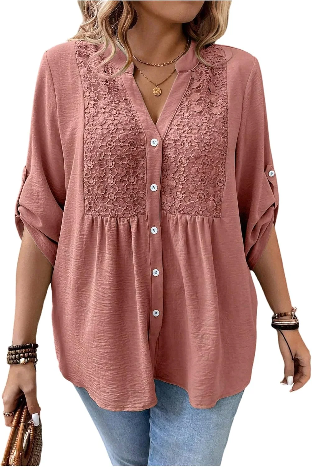 Verdusa بلوز دکمه دار زنانه سایز بزرگ طرح بوهو آستین سه ربع گلدار مدل تونیک پیپلوم