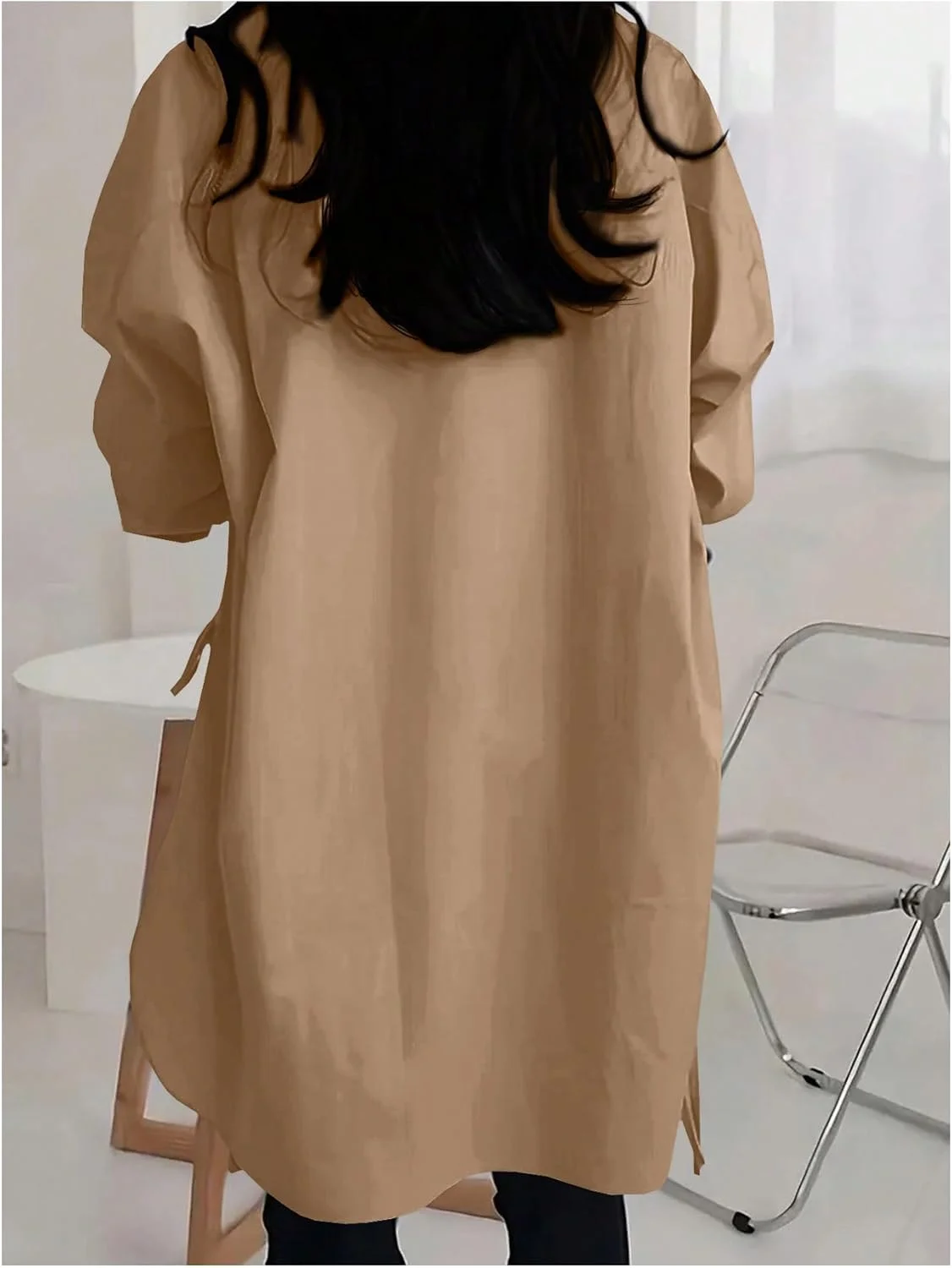 Verdusa بلوز زنانه دکمه دار سایز بزرگ، آستین بلند، مدل تونیک با چاک بلند