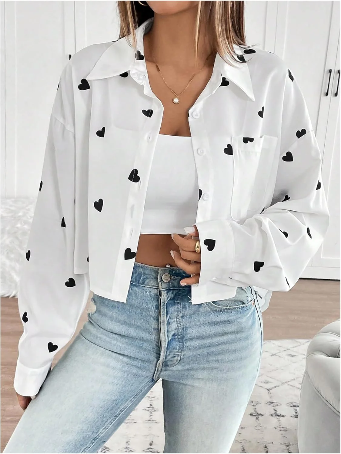 پیراهن زنانه Verdusa با طرح قلب، دکمه‌دار، آستین بلند، یقه دار و دارای جیب