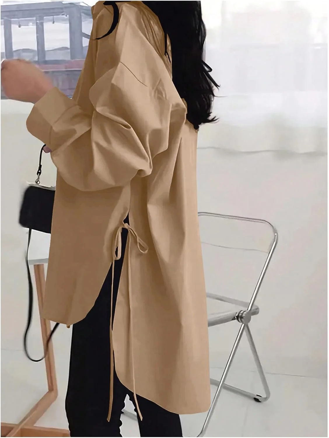 Verdusa بلوز زنانه دکمه دار سایز بزرگ، آستین بلند، مدل تونیک با چاک بلند