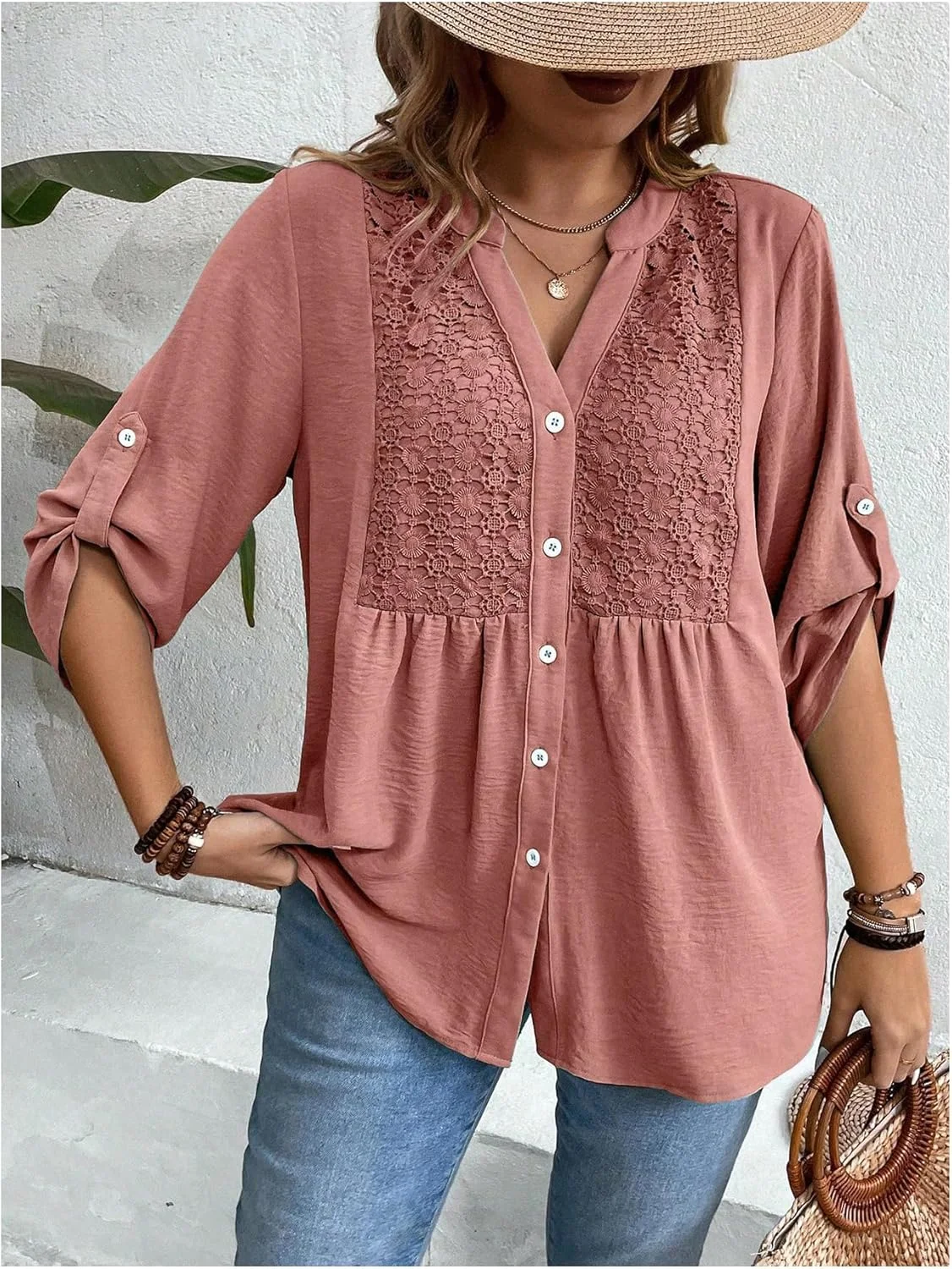 Verdusa بلوز دکمه دار زنانه سایز بزرگ طرح بوهو آستین سه ربع گلدار مدل تونیک پیپلوم