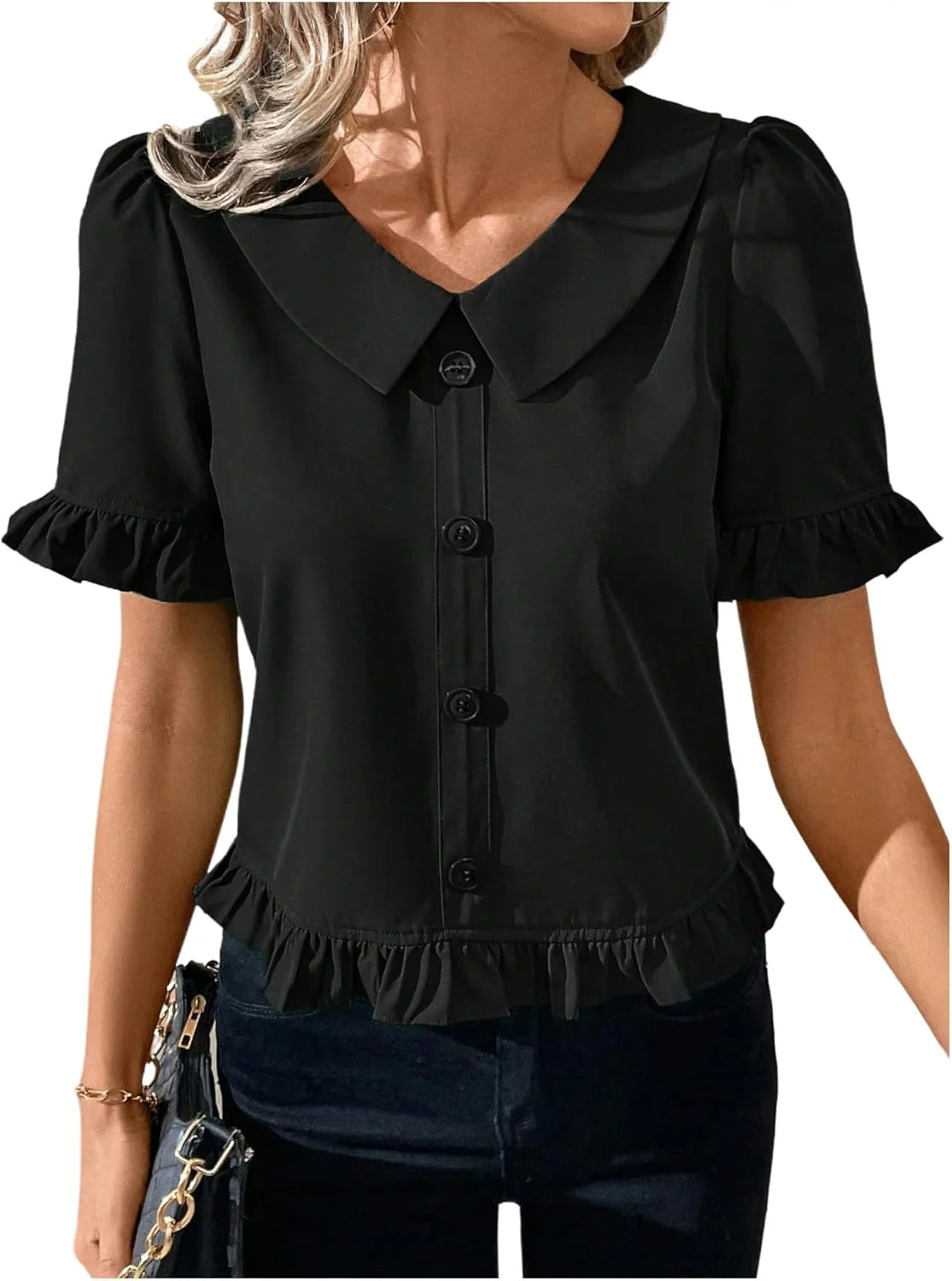 Verdusa بلوز آستین پفی کوتاه دکمه دار زنانه با یقه چین دار