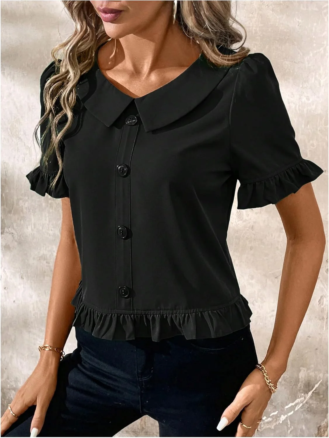 Verdusa بلوز آستین پفی کوتاه دکمه دار زنانه با یقه چین دار