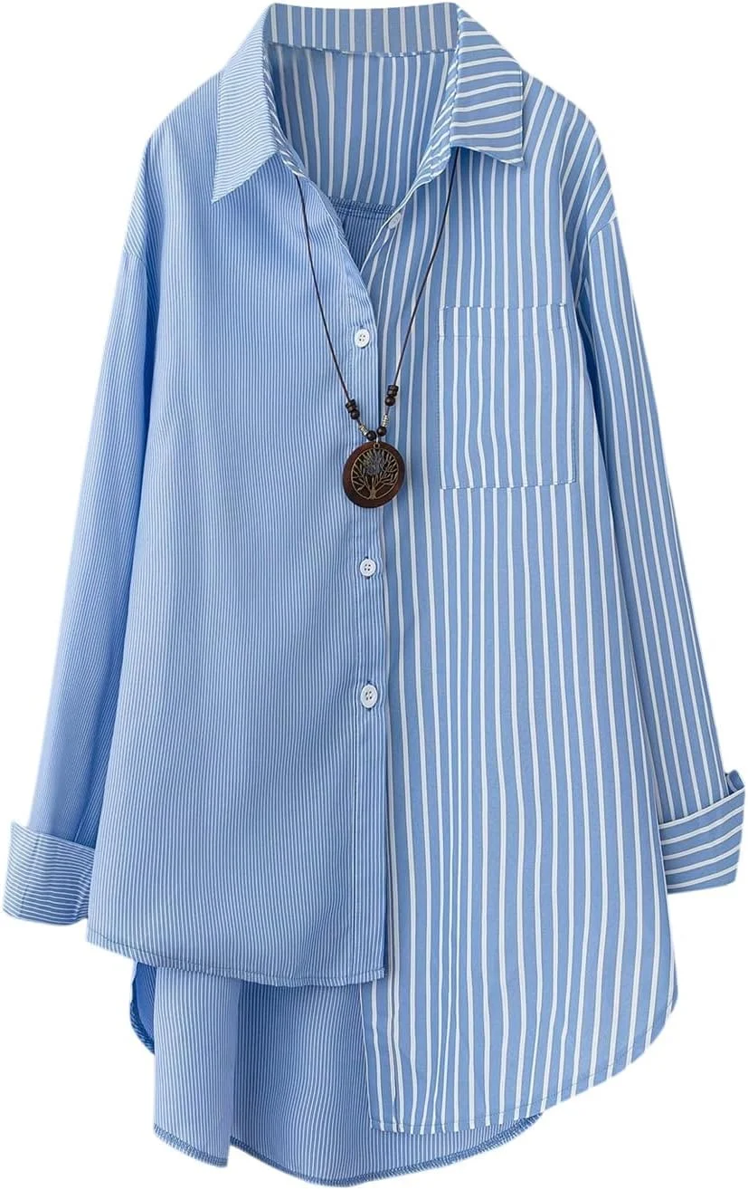 بلوز زنانه راه راه دکمه دار آستین بلند نامتقارن یقه دار وردوسا