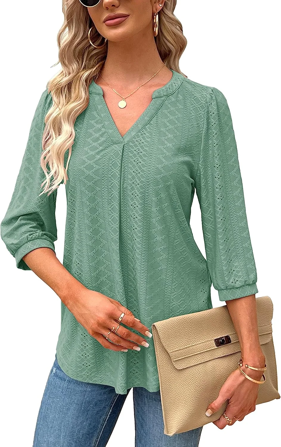 تونیک زنانه Tongmingyun، بلوز آستین سه ربع یقه هفت، تاپ های شیک و تی شرت های ساده مناسب تابستان