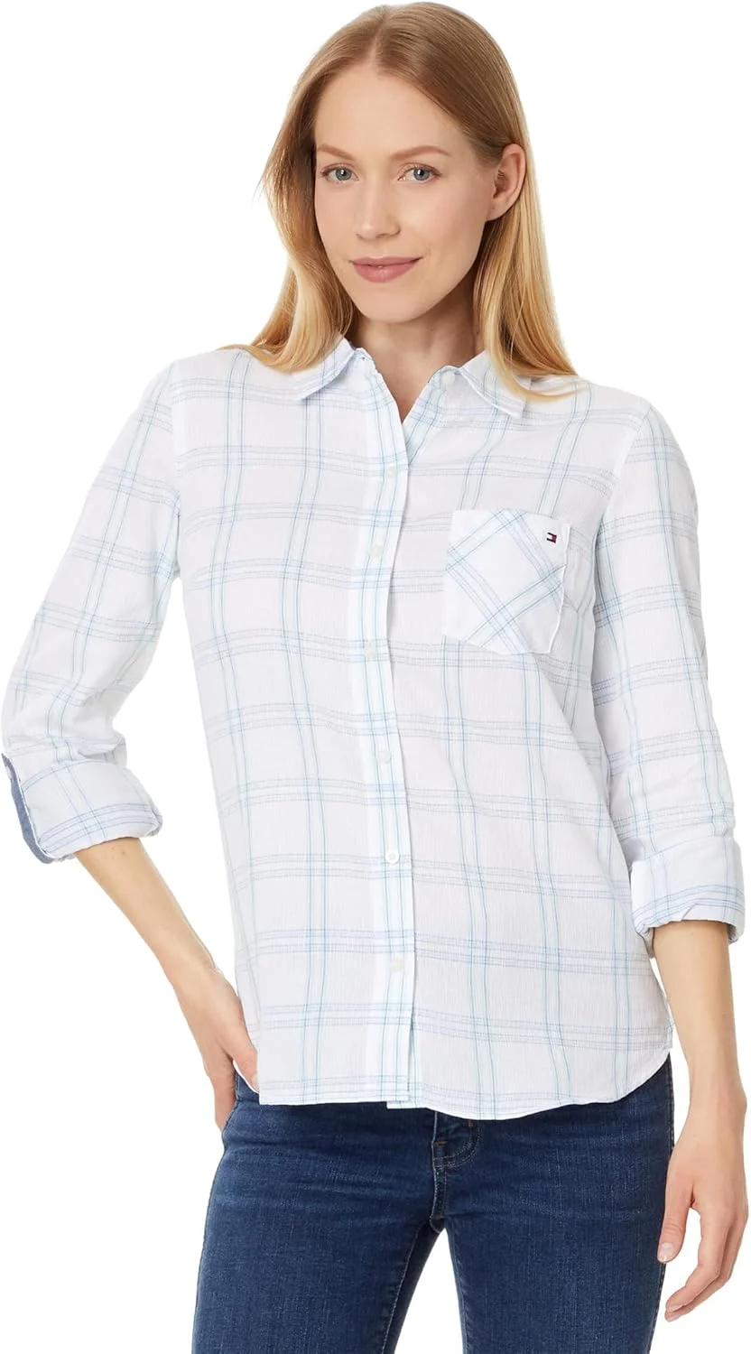 پیراهن زنانه دکمه دار تامی هیلفیگر، تاپ های غیر رسمی طرح چهارخانه سنگریزه آستین قابل تنظیم