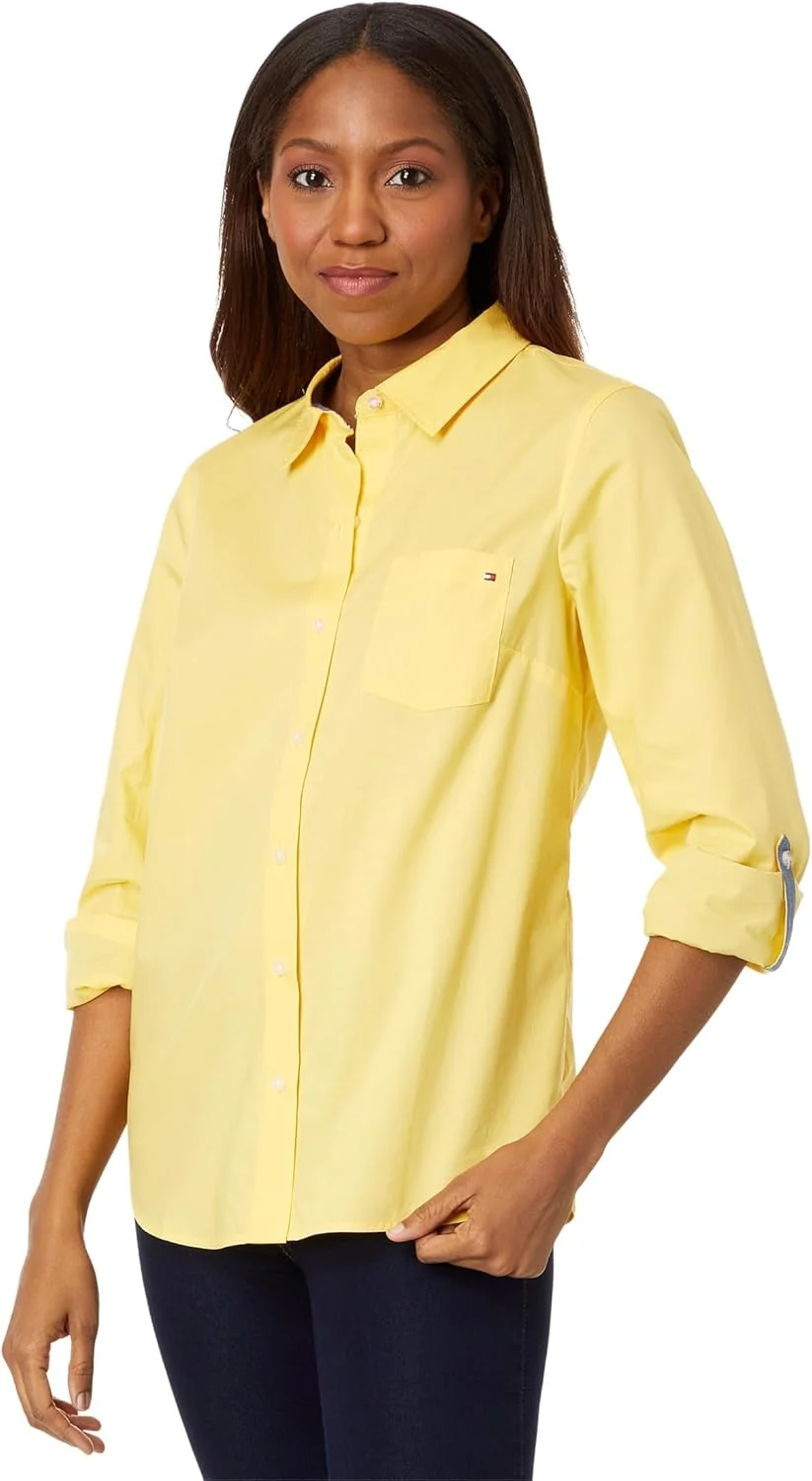 پیراهن زنانه دکمه دار آستین بلند یقه دار تامی هیلفیگر با جیب سینه و آستین قابل جمع شدن