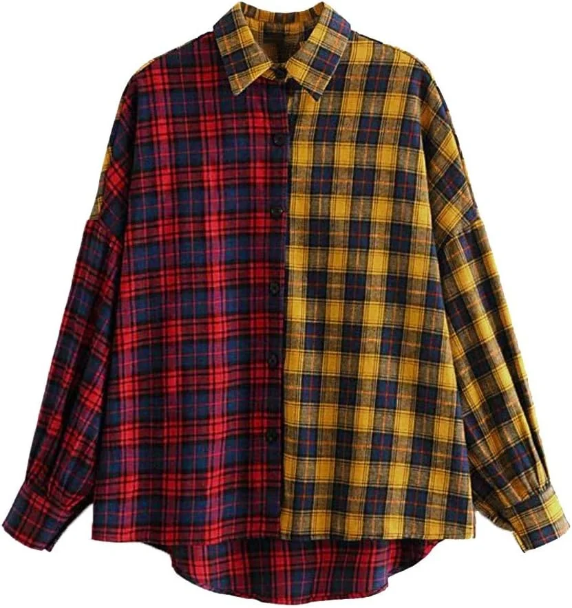 بلوز زنانه شیک با طرح چهارخانه و آستین بلند دکمه دار