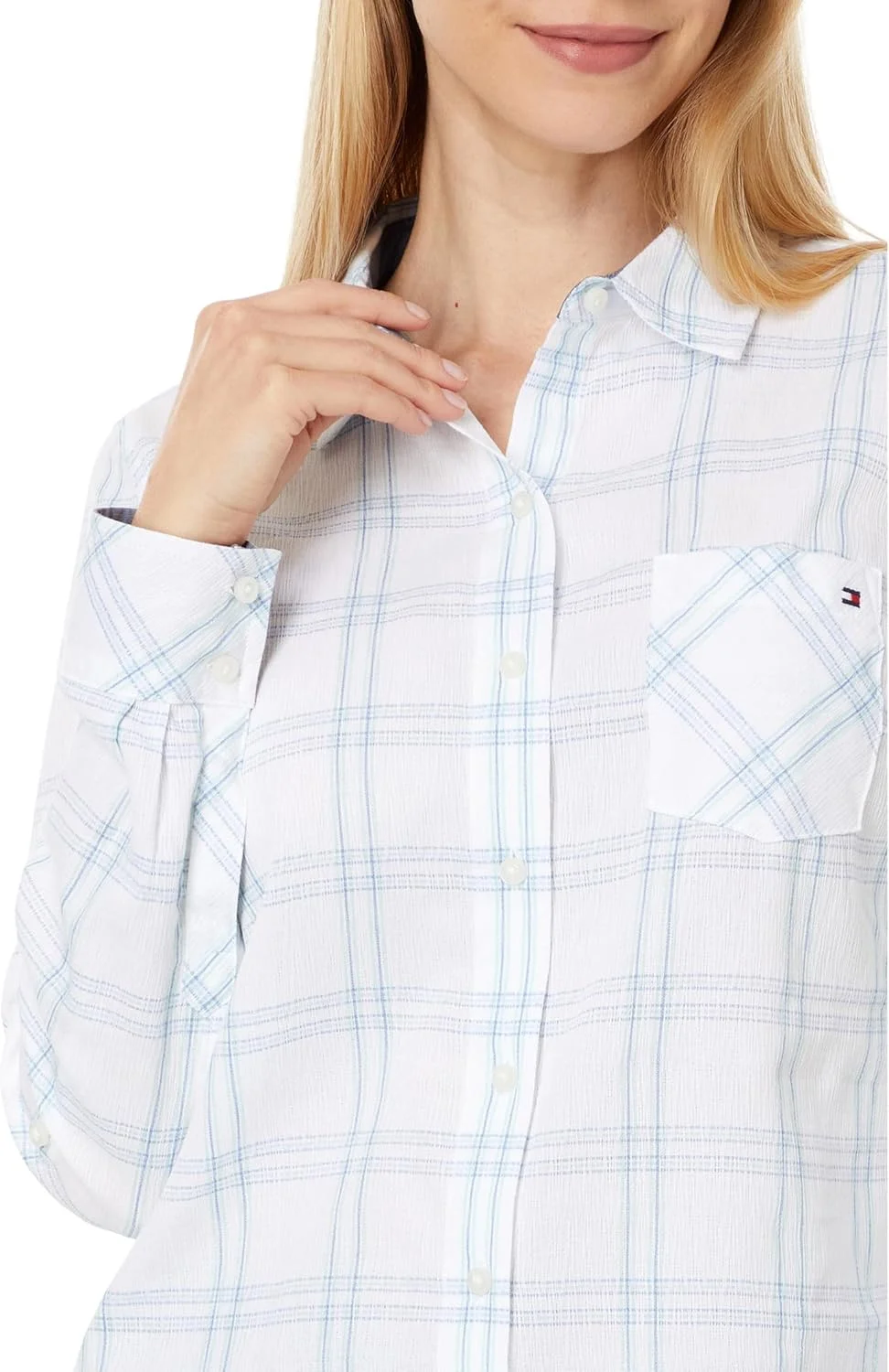 پیراهن زنانه دکمه دار تامی هیلفیگر، تاپ های غیر رسمی طرح چهارخانه سنگریزه آستین قابل تنظیم