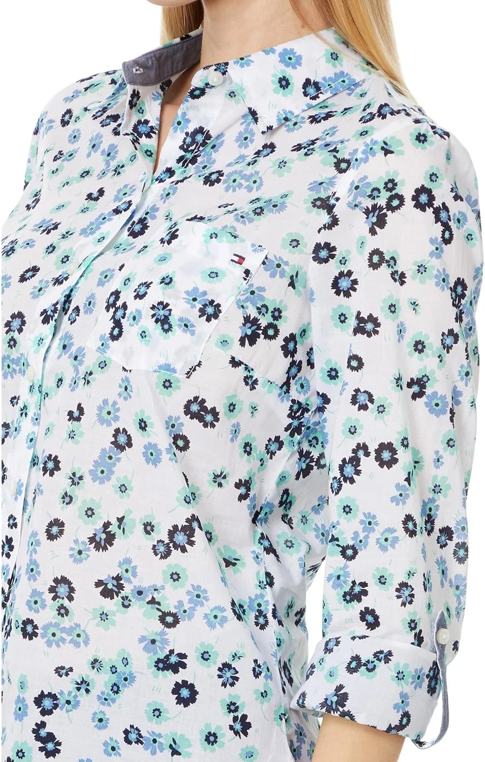 پیراهن زنانه دکمه دار تامی هیلفیگر، تاپ های غیر رسمی رنگ میخک صدپر آستین جمع شو