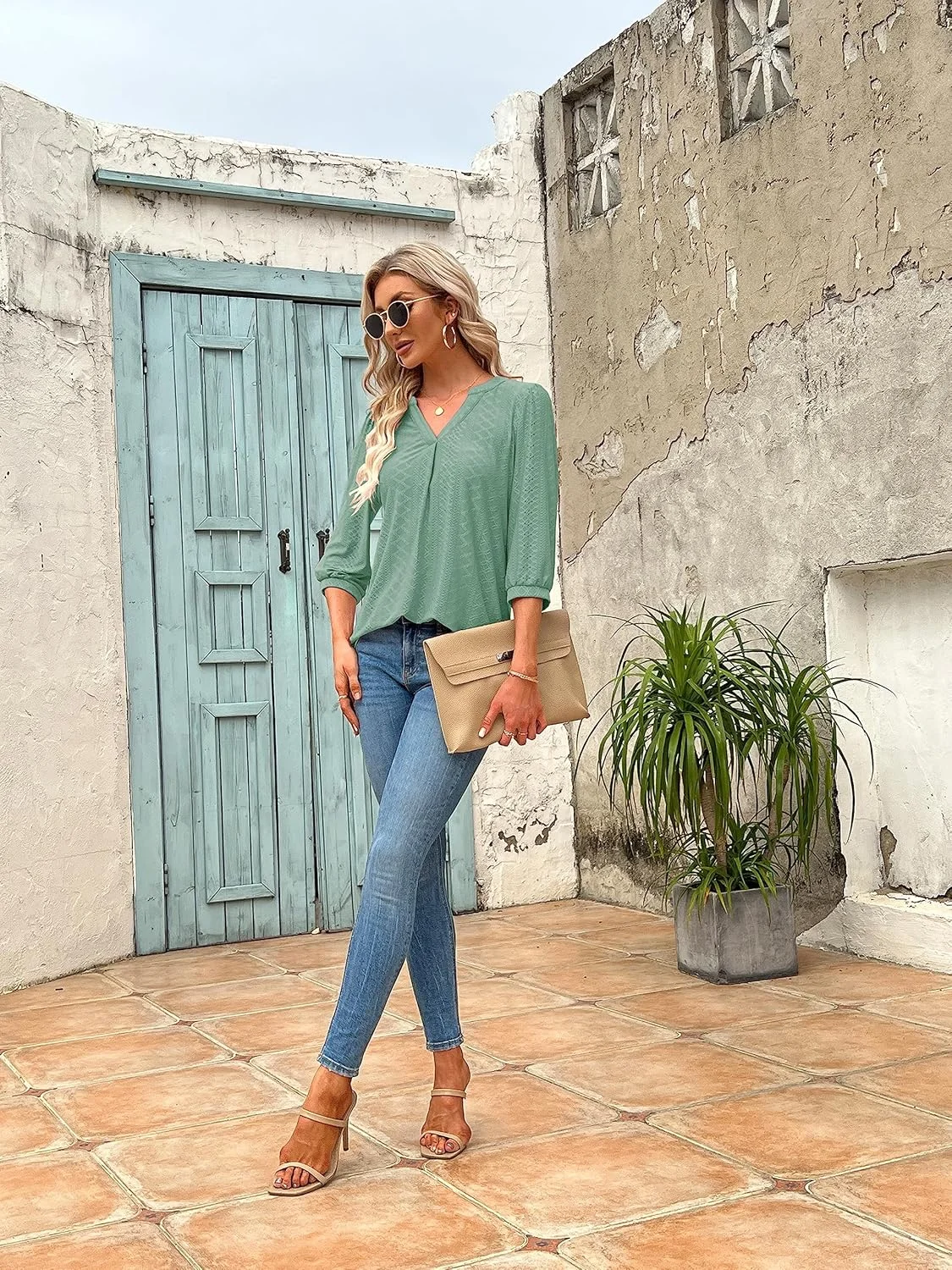 تونیک زنانه Tongmingyun، بلوز آستین سه ربع یقه هفت، تاپ های شیک و تی شرت های ساده مناسب تابستان