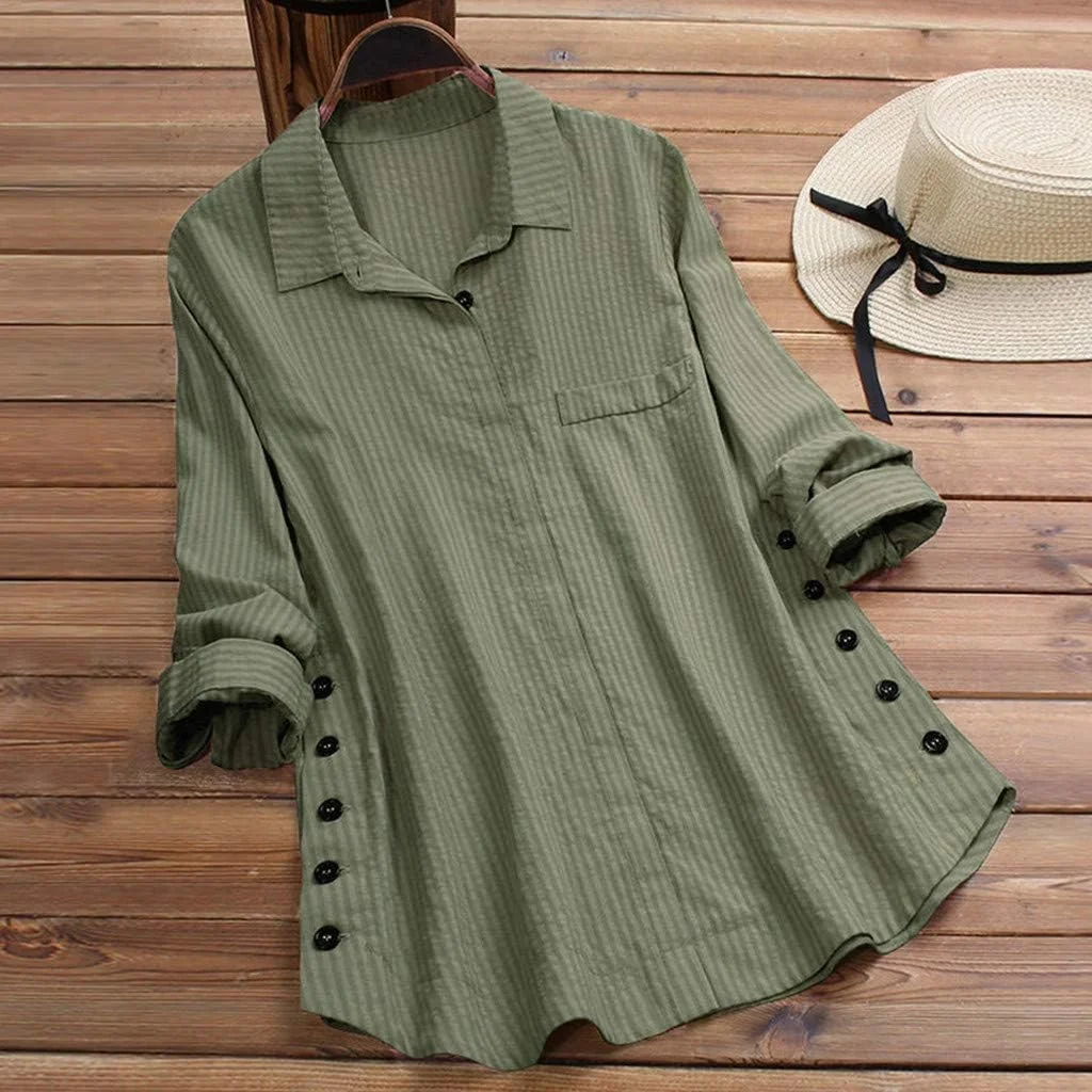 TINGZI بلوز زنانه آستین بلند دکمه دار راه راه جیب دار کتان سایز بزرگ