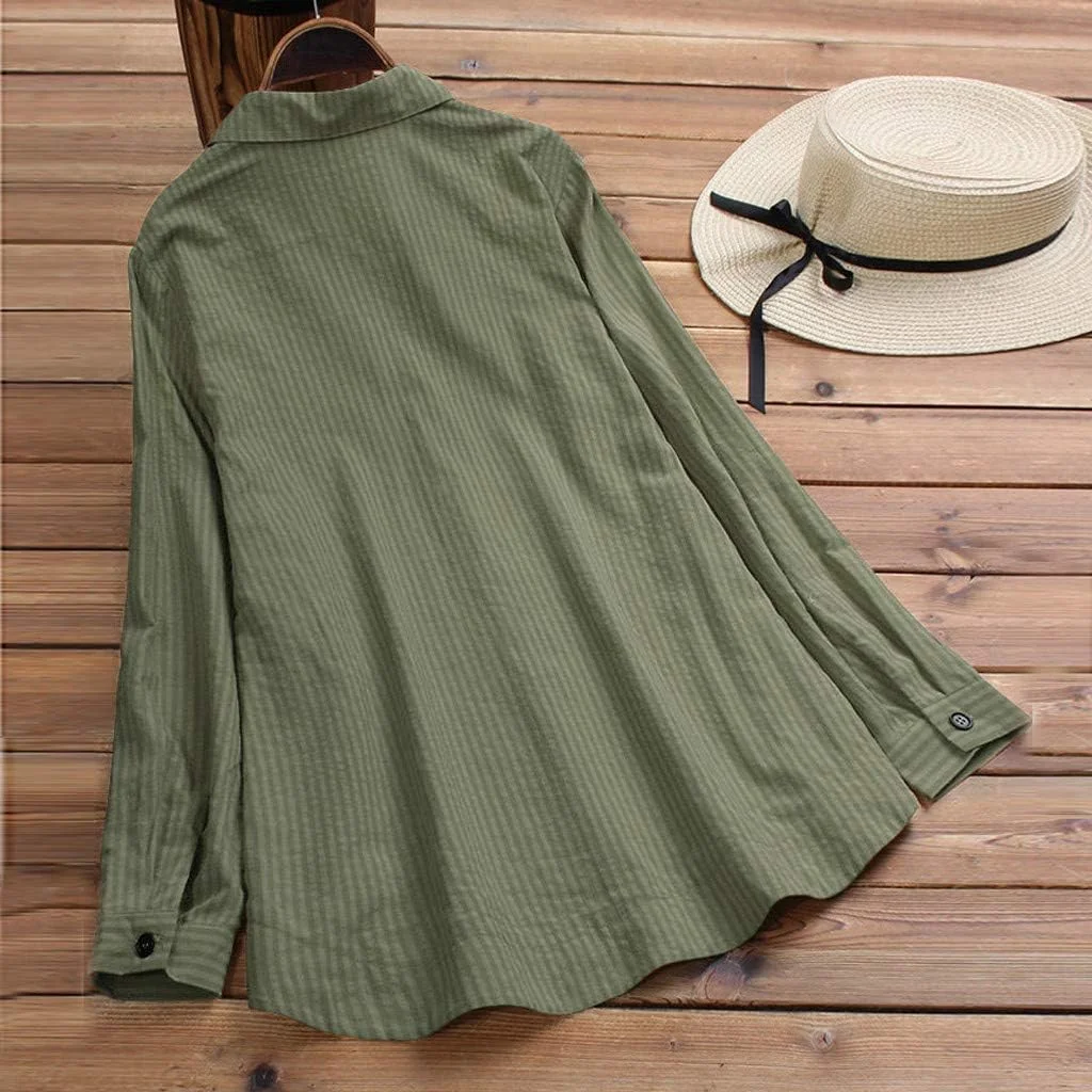 TINGZI بلوز زنانه آستین بلند دکمه دار راه راه جیب دار کتان سایز بزرگ