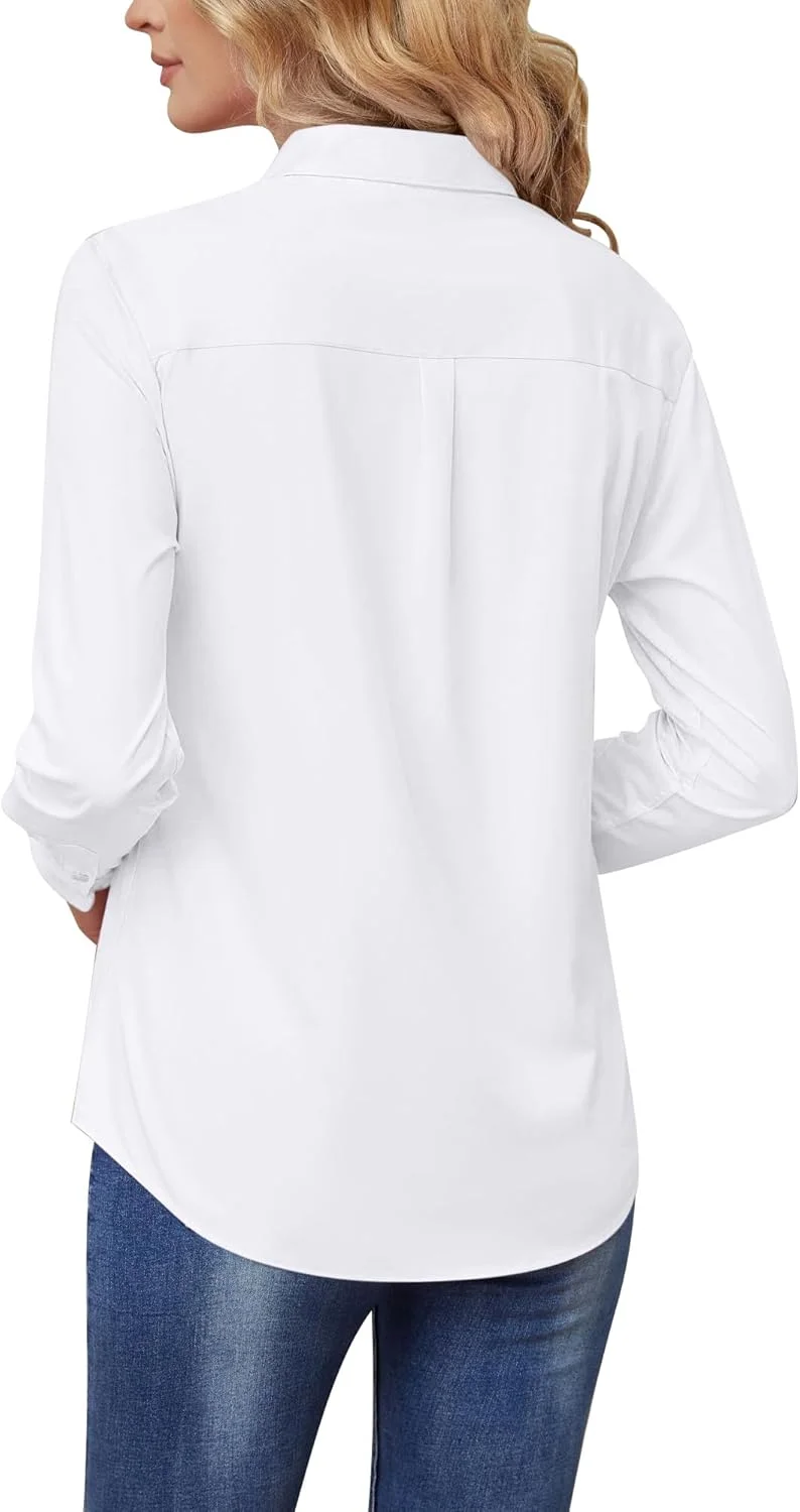 پیراهن دکمه دار زنانه بدون چروک TOLOVIC، آستین بلند، کشی، مناسب محیط کار، اداری، رسمی، بلوز و تاپ