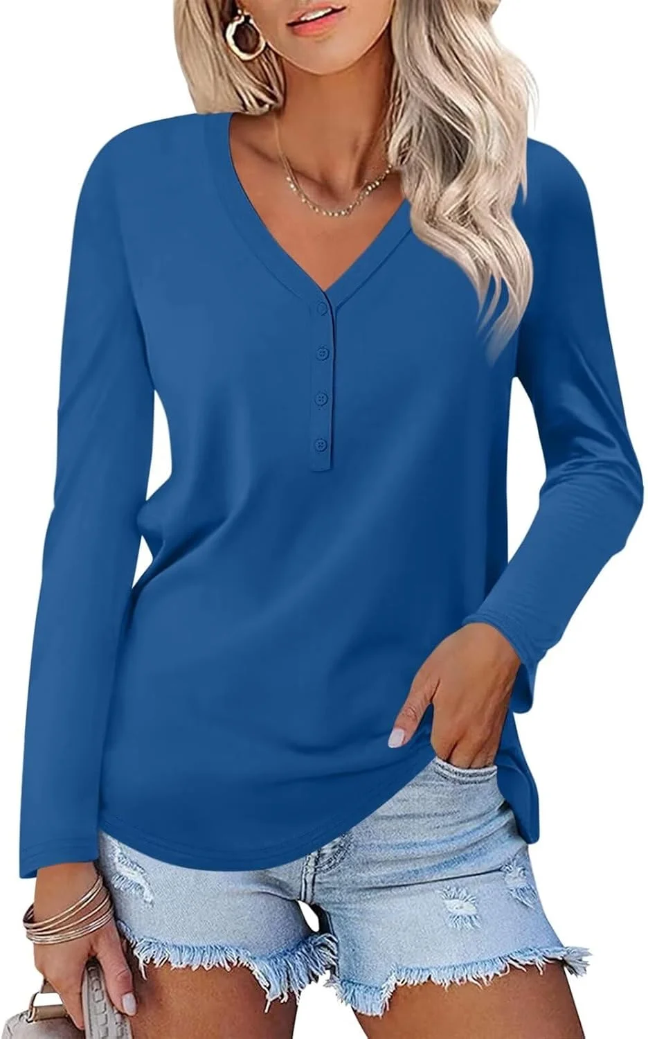 تی شرت آستین بلند زنانه TICTICMISS یقه هفت دکمه دار، مناسب برای پاییز