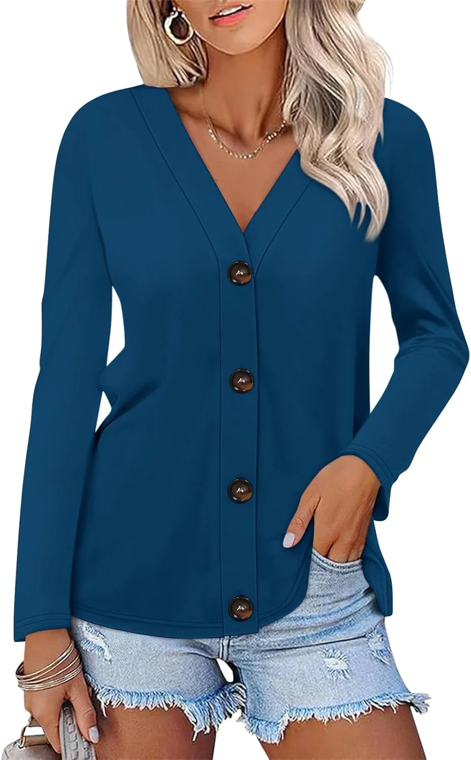 تی‌شرت دکمه‌دار زنانه تیک‌تیک‌میس، آستین بلند، یقه هفت، مناسب پاییز، تونیک، مدل آزاد