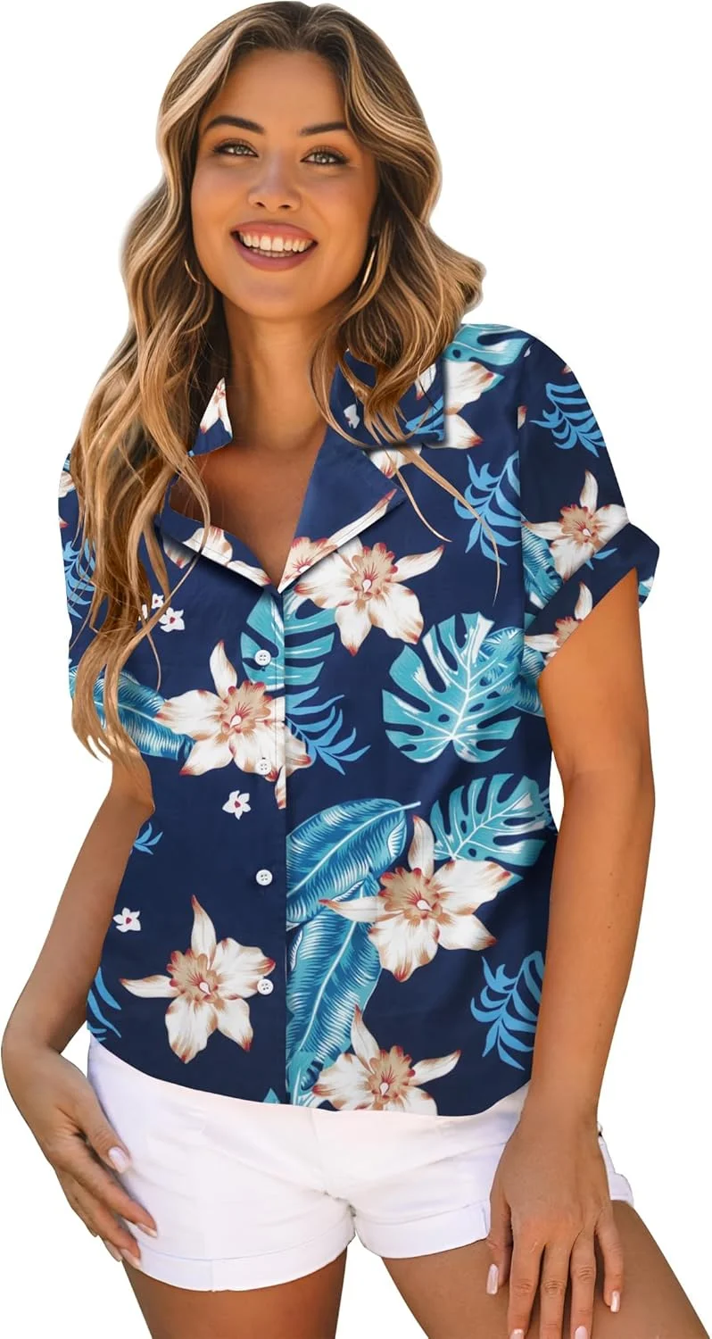 بلوز هاوایی زنانه، پیراهن ساحلی استوایی، دکمه دار، طرح گلدار، شیک و غیر رسمی، آستین کوتاه