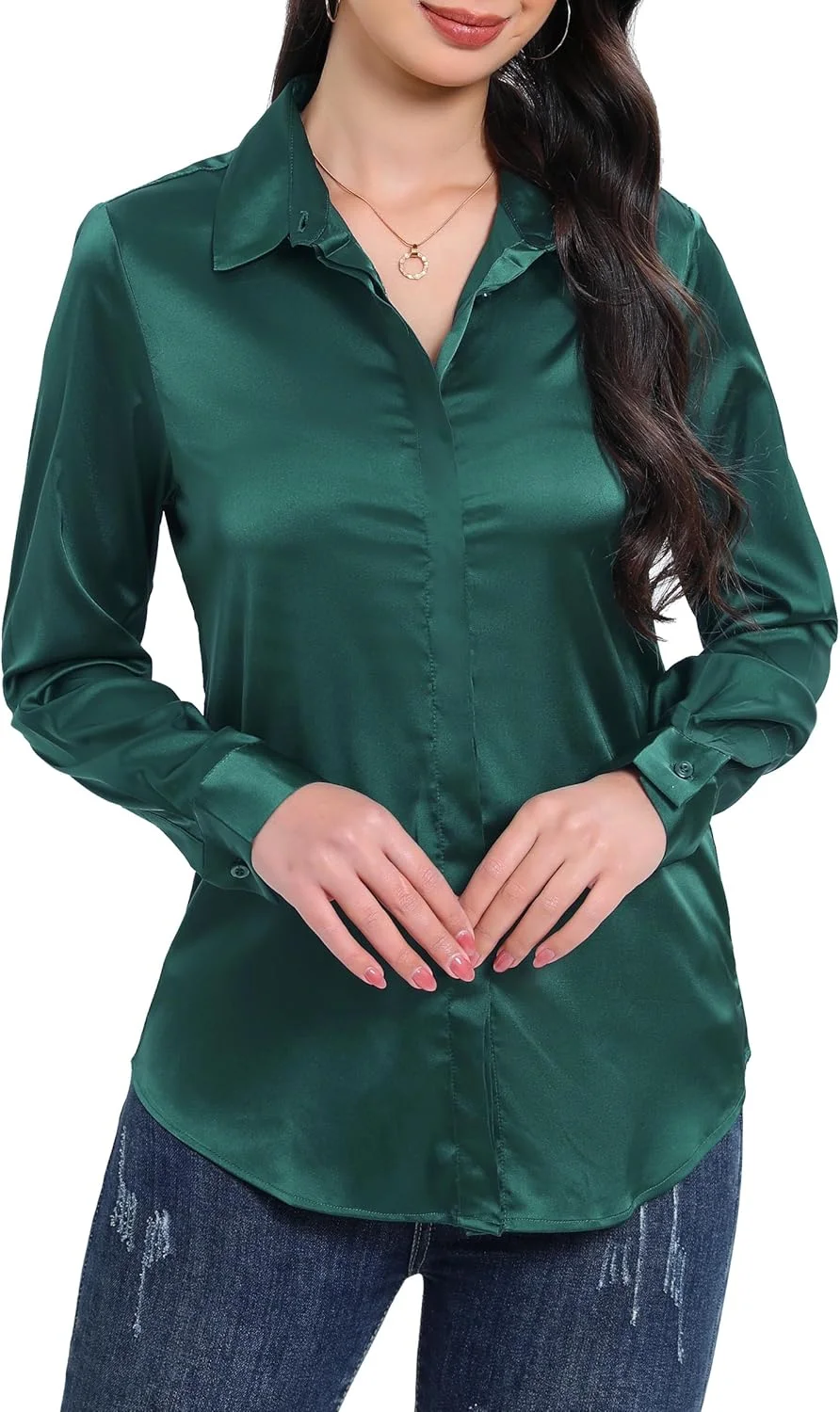 تولویک بلوز زنانه ساتن ابریشمی دکمه دار آستین بلند، مناسب برای کار و استایل کژوال