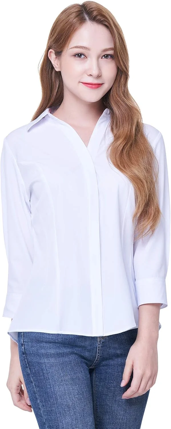 پیراهن دکمه دار زنانه Tie G U Style، بلوز یقه هفت کشی چهار طرفه، مقاوم در برابر چروک و تنفس پذیر، آستین سه ربع، مناسب کار (سفید اصل، مدیوم)
