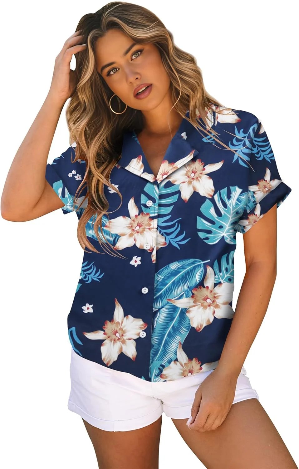 بلوز هاوایی زنانه، پیراهن ساحلی استوایی، دکمه دار، طرح گلدار، شیک و غیر رسمی، آستین کوتاه