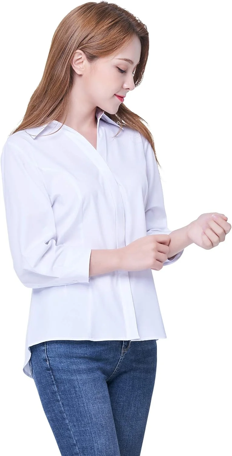 پیراهن دکمه دار زنانه Tie G U Style، بلوز یقه هفت کشی چهار طرفه، مقاوم در برابر چروک و تنفس پذیر، آستین سه ربع، مناسب کار (سفید اصل، مدیوم)