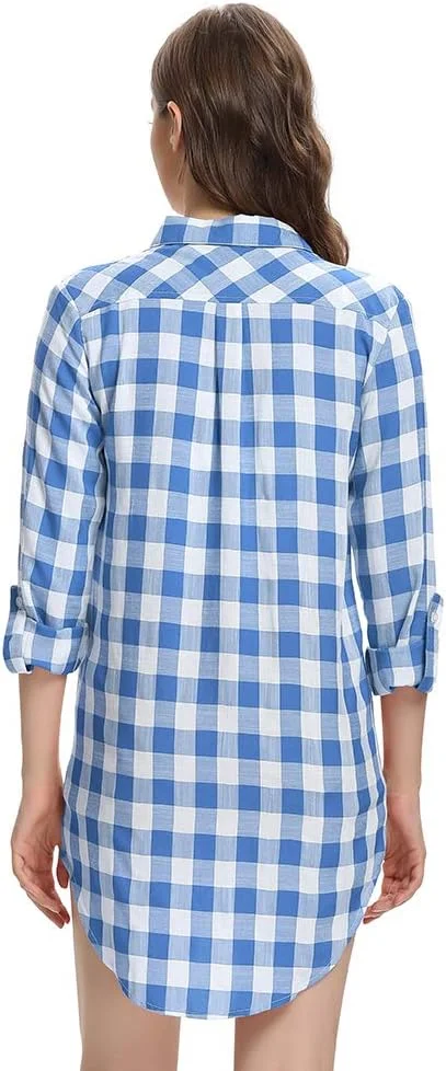 تی شرت های چهارخانه زنانه Tianerhay، بلوز آستین بلند دکمه دار، مدل Boyfriend، آبی، سایز S