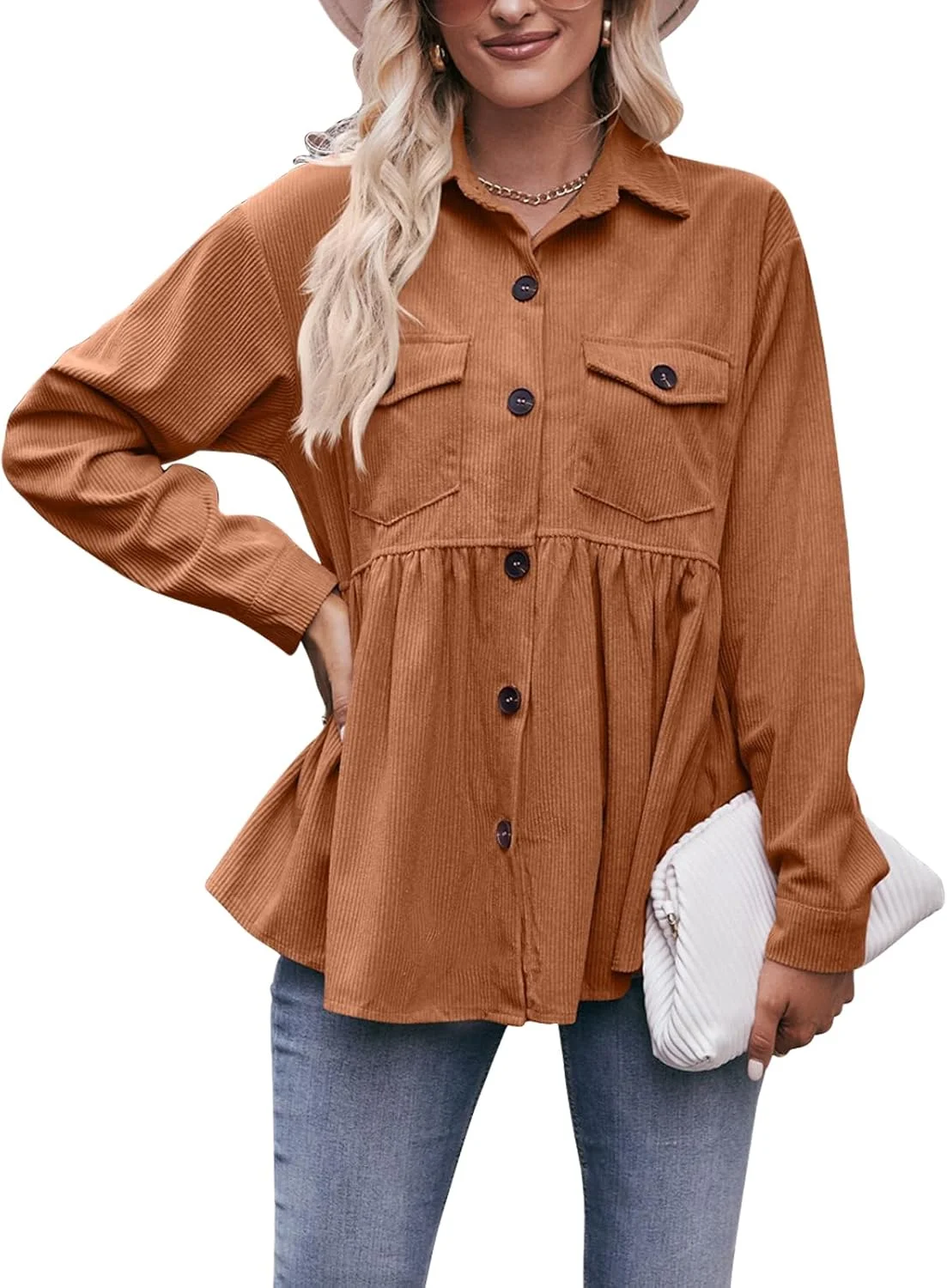 TICIFEN پیراهن زنانه مخملی کبریتی آستین بلند دکمه دار، بلوزهای زیبا، تونیک عروسکی، پیراهن های آزاد، کت شنل