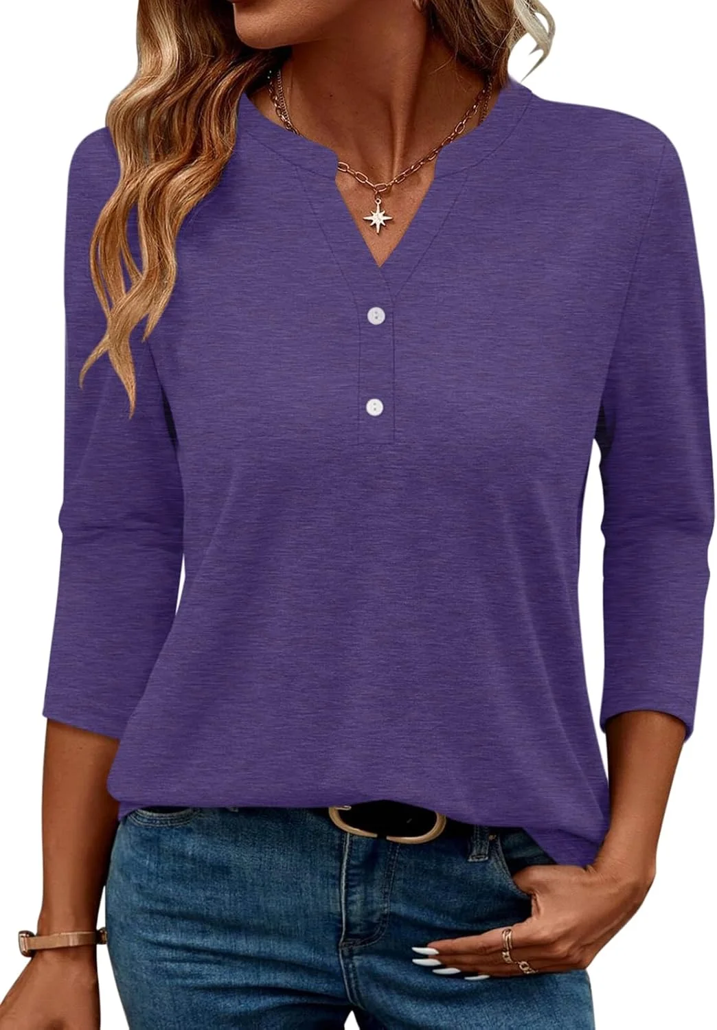 تی شرت زنانه آستین سه ربع یقه هفت دکمه دار تیک تیک میمی، بلوز تونیک گشاد و راحت