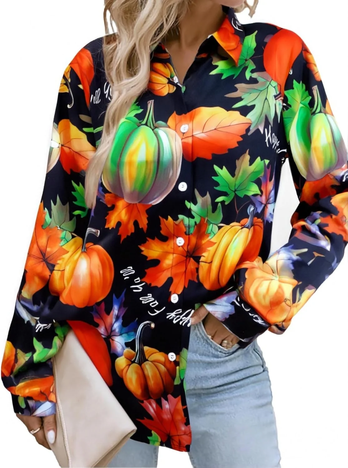بلوز زنانه طرح شکرگزاری، طرح بوقلمون و کدو تنبل، آستین بلند دکمه دار، تاپ های پاییزی