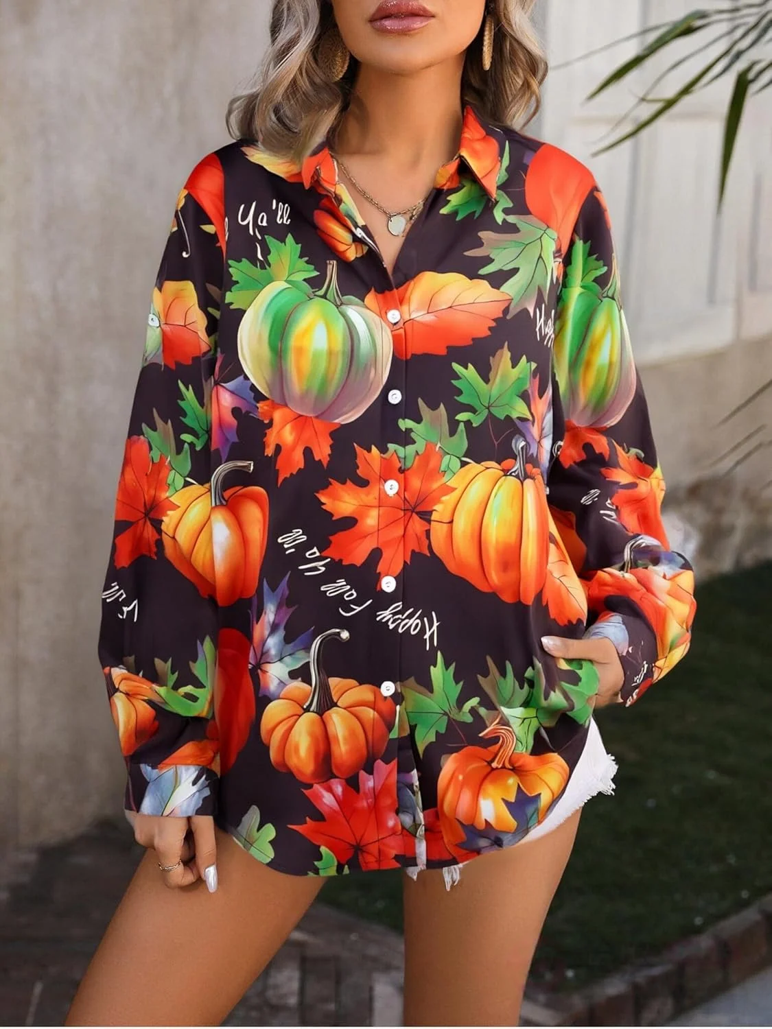 بلوز زنانه طرح شکرگزاری، طرح بوقلمون و کدو تنبل، آستین بلند دکمه دار، تاپ های پاییزی