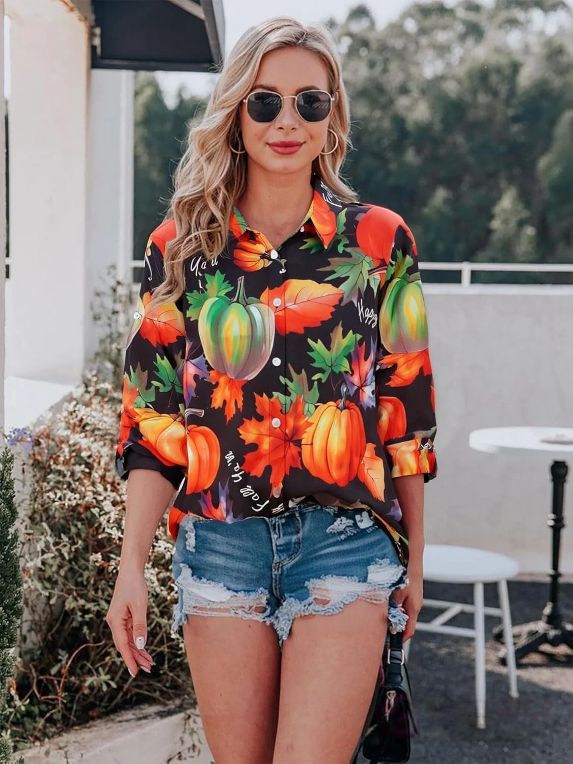 بلوز زنانه طرح شکرگزاری، طرح بوقلمون و کدو تنبل، آستین بلند دکمه دار، تاپ های پاییزی
