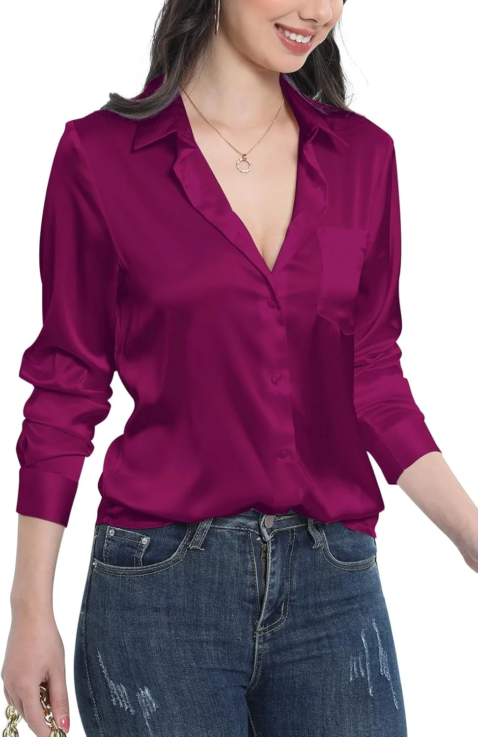 تولویک بلوز زنانه ساتن ابریشمی دکمه دار آستین بلند مناسب کار و استایل کژوال