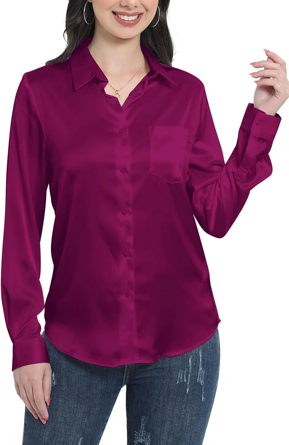 تولویک بلوز زنانه ساتن ابریشمی دکمه دار آستین بلند مناسب کار و استایل کژوال