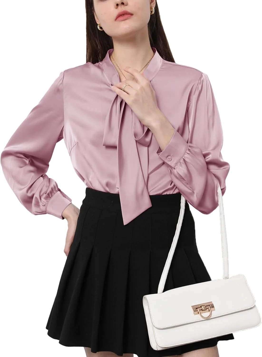 تاپاتا بلوز زنانه دکمه دار ساتن ابریشمی با پاپیون و آستین بلند مناسب کار، بلوز مجلسی و شیک