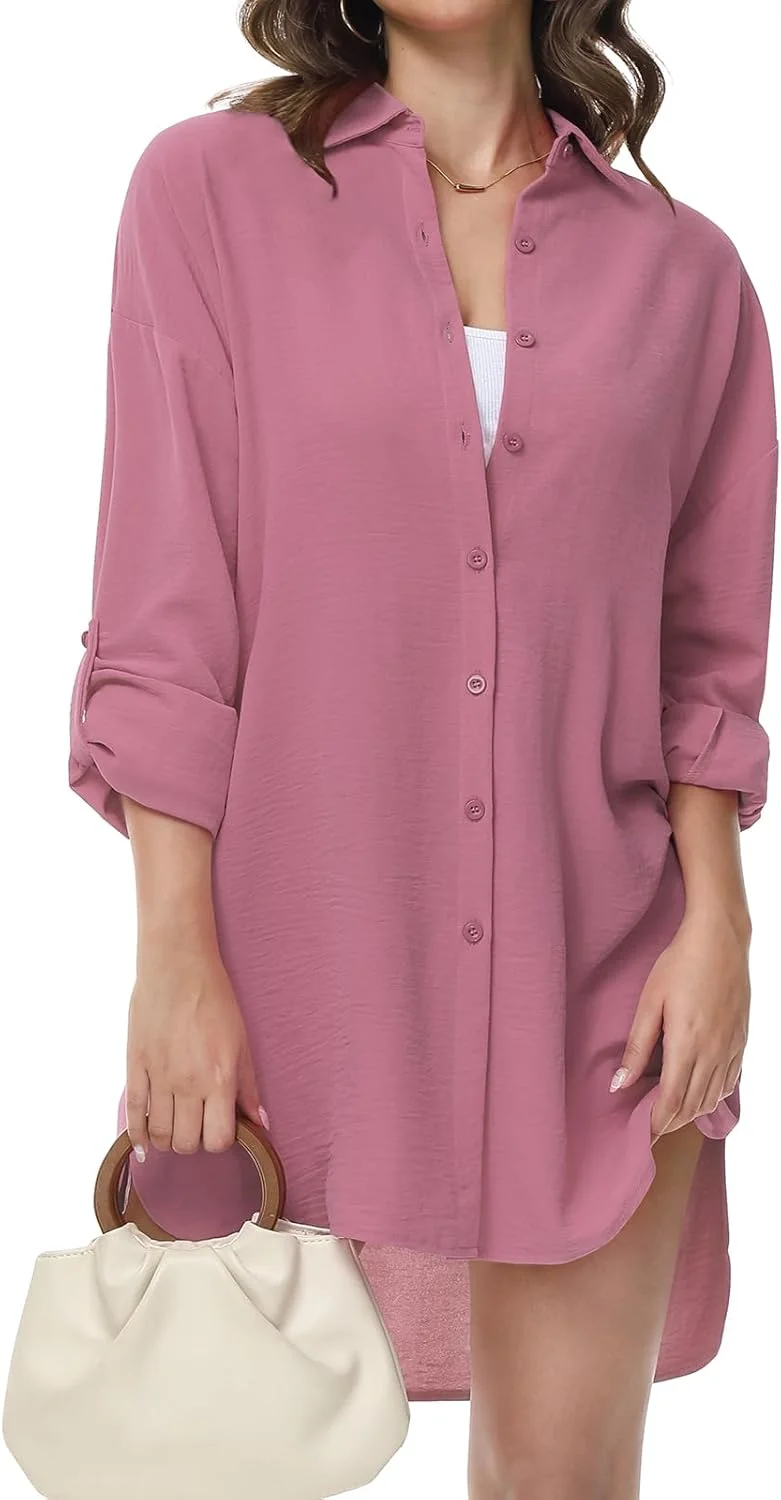 بلوز زنانه Tanmolo، بلوز آستین بلند یقه هفت، پیراهن دکمه دار آستین بلند، تاپ های غیر رسمی، تاپ های آستین جمع شو