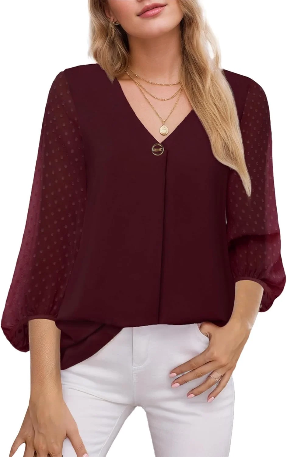 تی‌پی تاپ زنانه آستین سه ربع، بلوزهای شیفون آستین آرنجی طرح خال خالی به سبک بوهمی، مناسب استایل کژوال و مجلسی