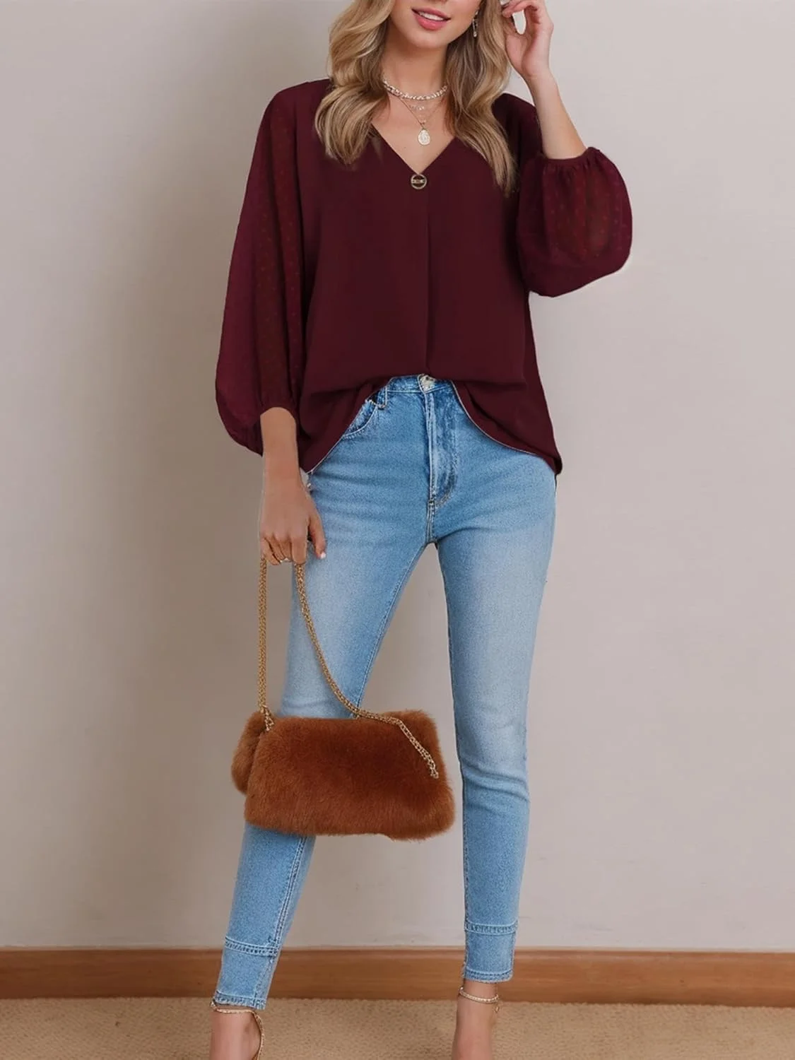 تی‌پی تاپ زنانه آستین سه ربع، بلوزهای شیفون آستین آرنجی طرح خال خالی به سبک بوهمی، مناسب استایل کژوال و مجلسی