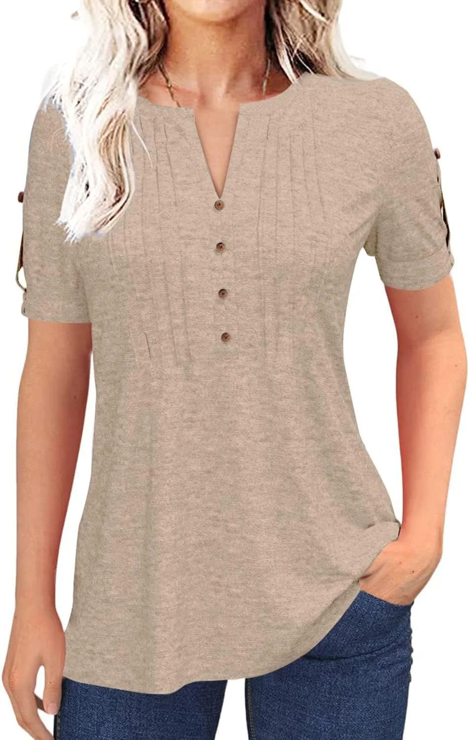 بلوز زنانه Tankaneo، یقه هفت، پلیسه دار، دکمه دار، آستین کوتاه، تیشرت تابستانی، رنگ ثابت، تونیک غیر رسمی