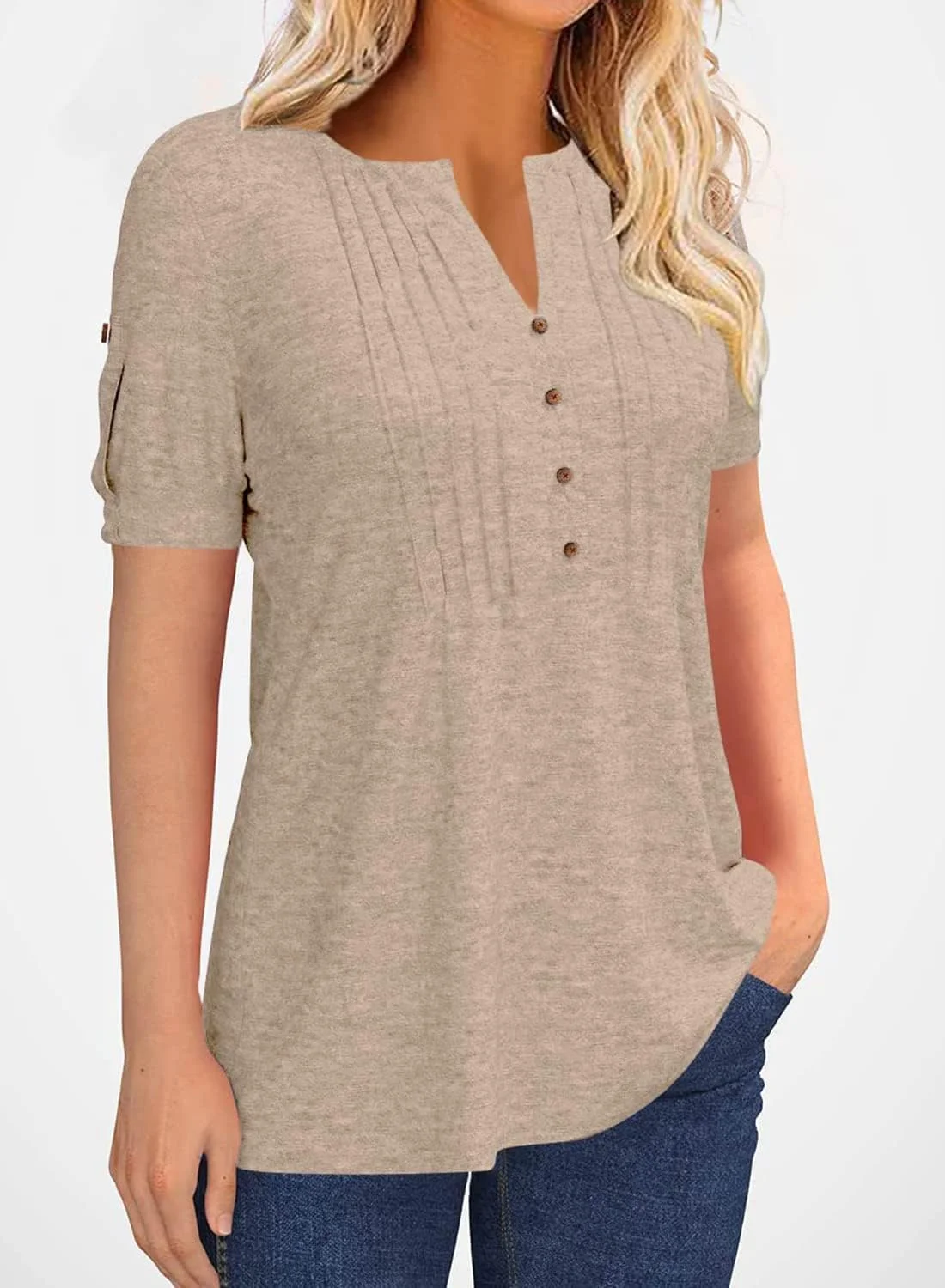 بلوز زنانه Tankaneo، یقه هفت، پلیسه دار، دکمه دار، آستین کوتاه، تیشرت تابستانی، رنگ ثابت، تونیک غیر رسمی