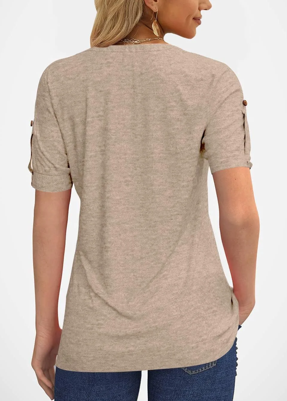 بلوز زنانه Tankaneo، یقه هفت، پلیسه دار، دکمه دار، آستین کوتاه، تیشرت تابستانی، رنگ ثابت، تونیک غیر رسمی